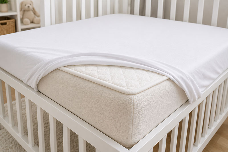 Layered crib mattress pad under a fitted crib sheet in a modern nursery