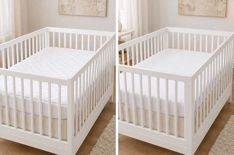 Crib mattress pad vs protector comparison on a safe fitted crib mattress