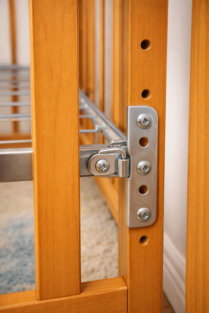 Close-up of crib mattress support frame bracket and mounting holes on the crib interior