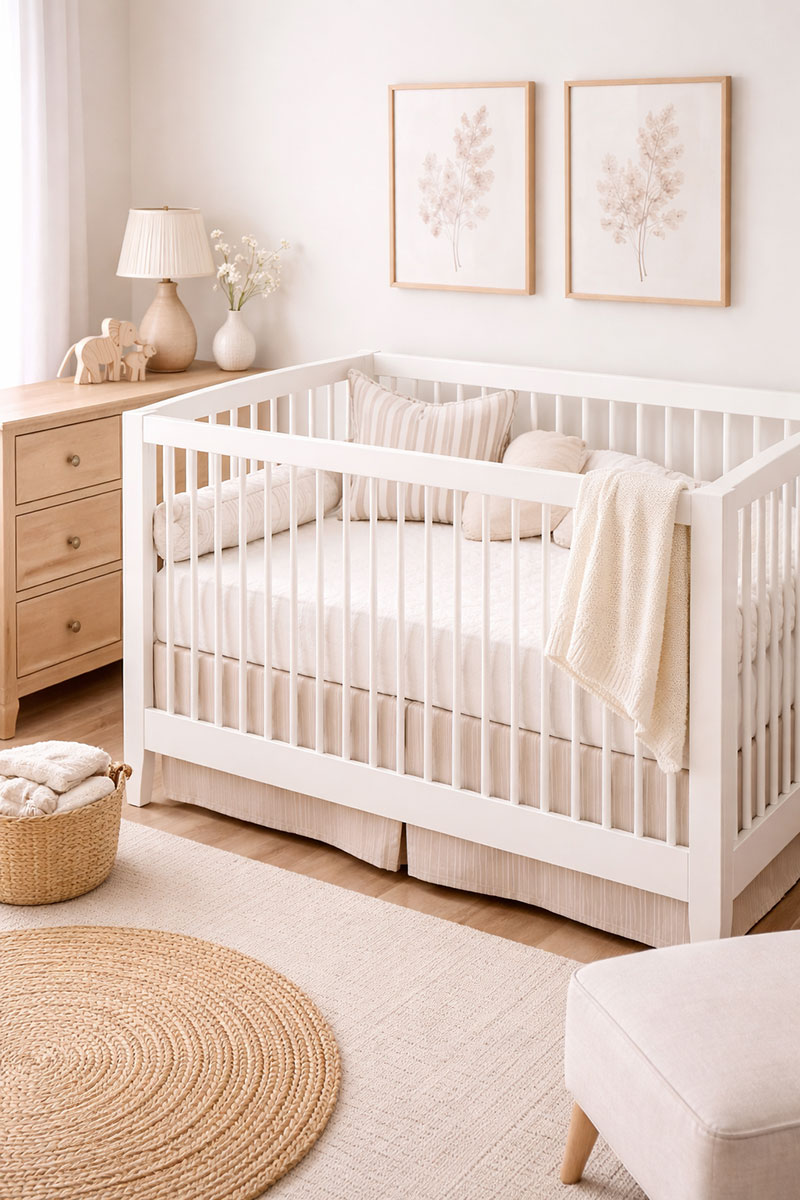 Refined nursery crib setup showing a firm mattress and clean tailored bedding in natural light