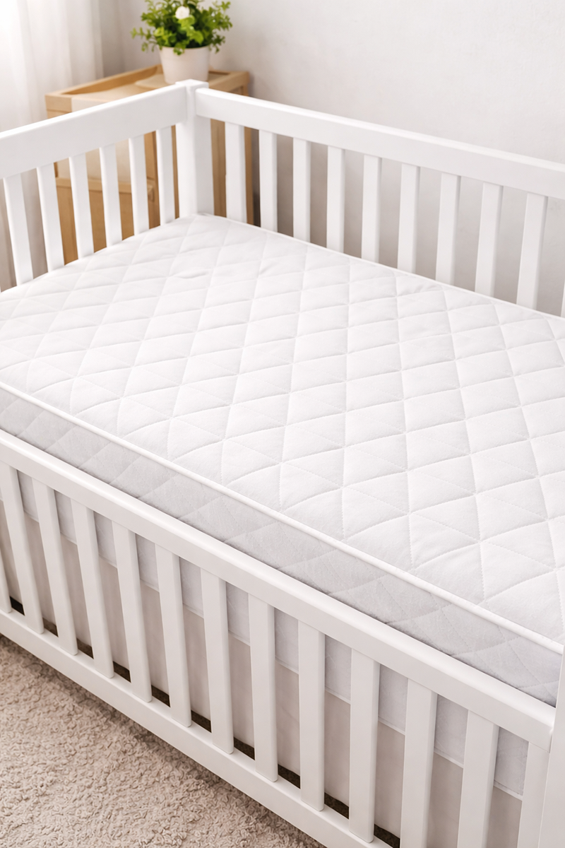 Firm crib mattress fitting snugly inside a standard size baby crib