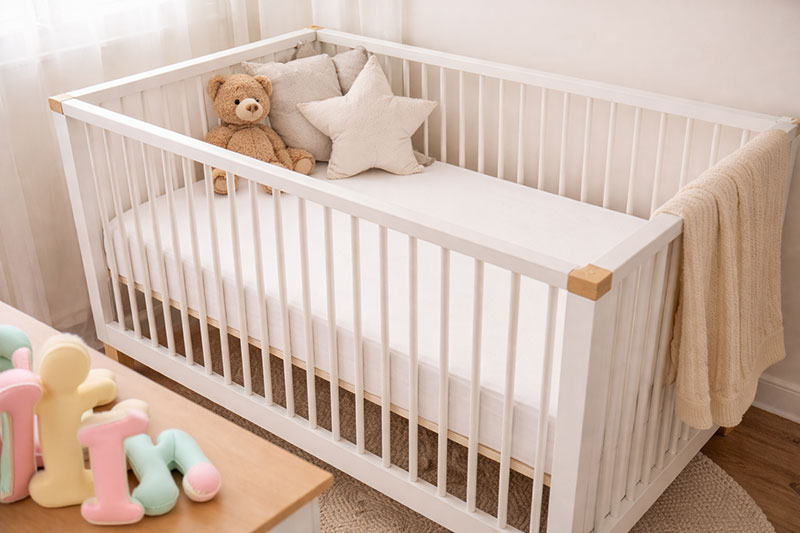 Firm crib mattress fitting snugly inside a standard baby crib with no visible gaps