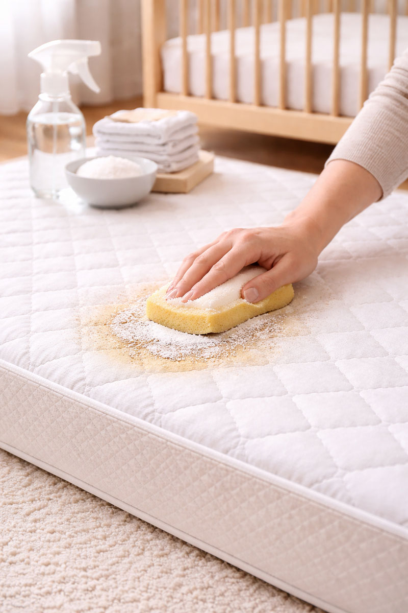 Spot cleaning a crib mattress with a soft cloth to lift a small stain