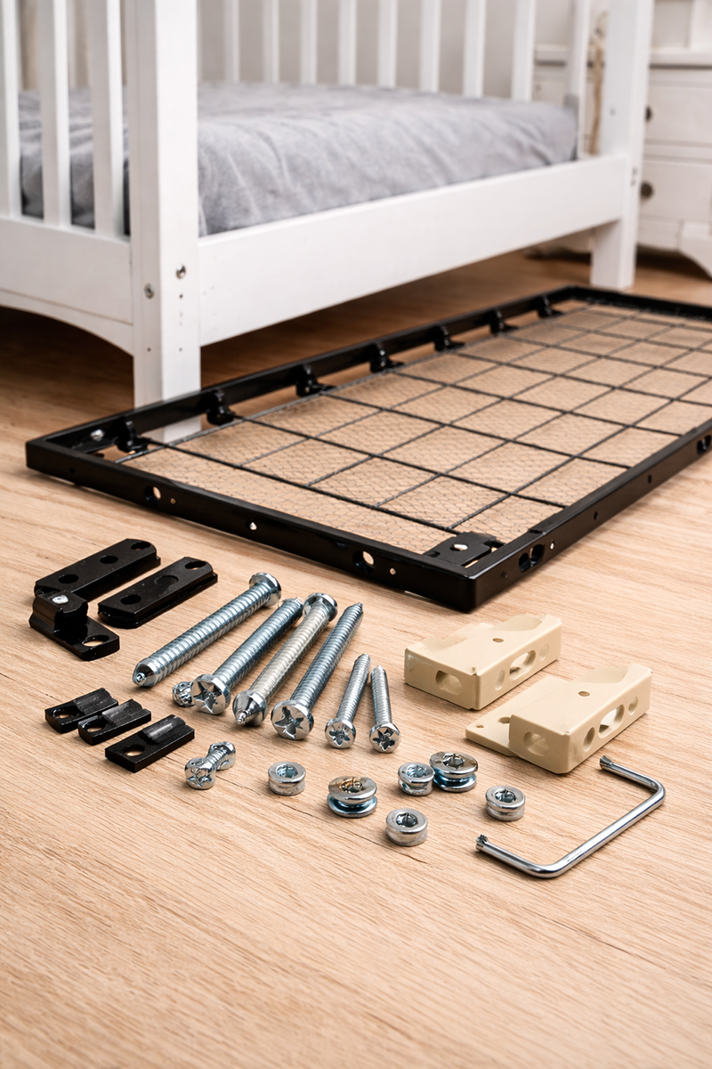 Crib mattress support frame hardware and brackets shown outside of crib