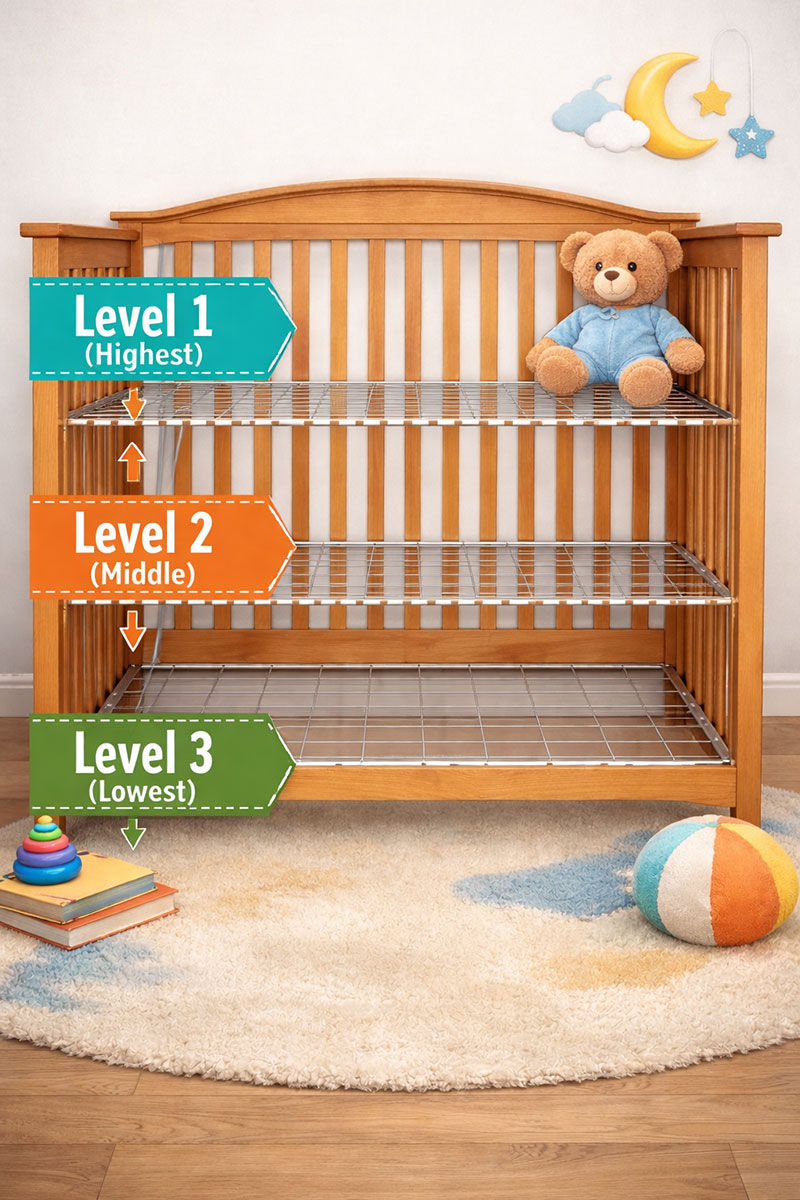 Crib mattress support shown at different height levels inside a standard crib frame