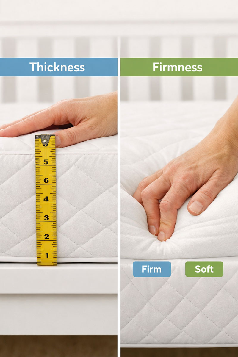 Crib mattress showing thickness and firmness differences through surface resistance and compression