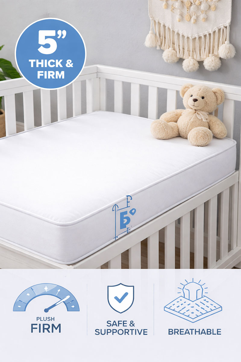 Crib mattress showing appropriate thickness and firmness on a standard baby crib frame