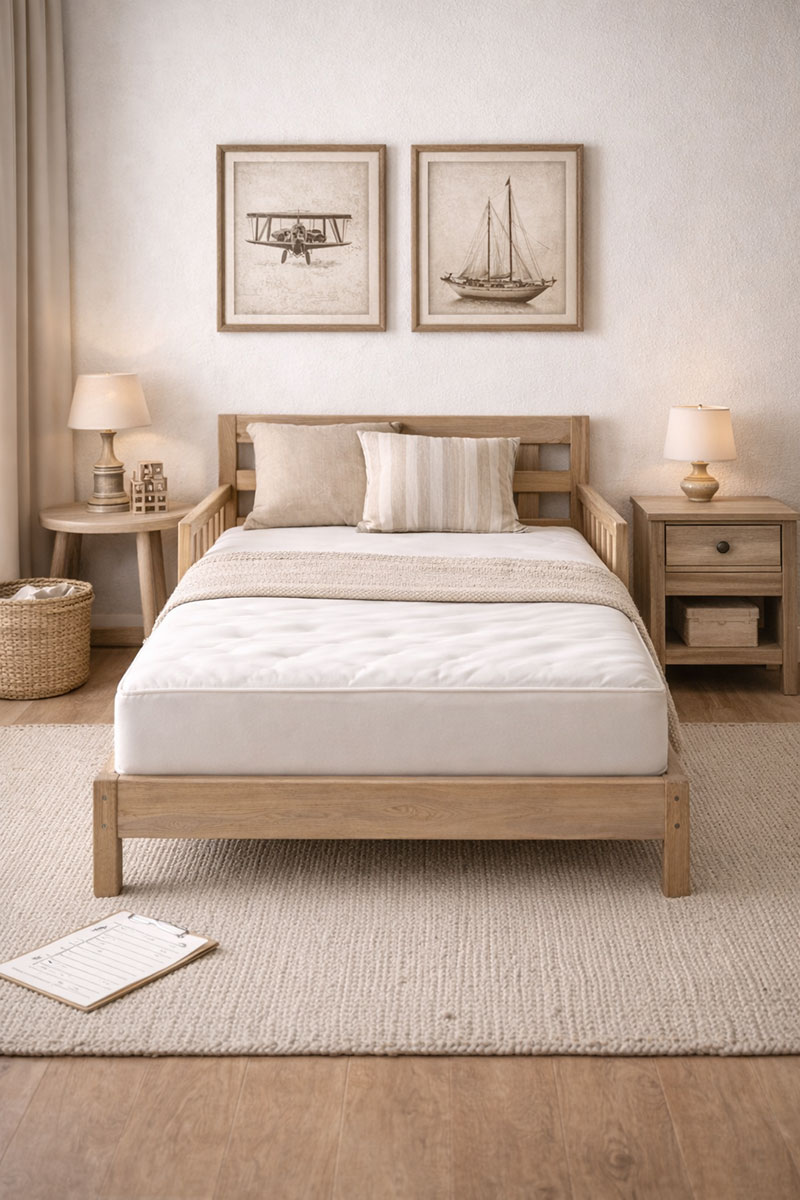 Safe toddler sleep space with fitted mattress and simple neutral bedding