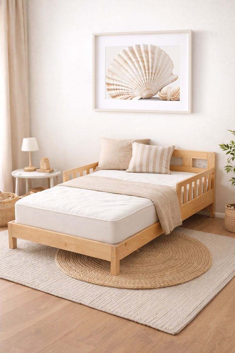Neutral toddler room with a low toddler bed using a standard crib mattress