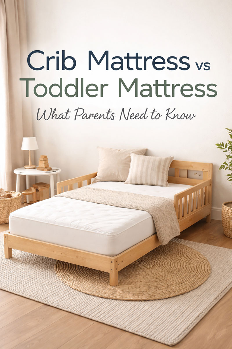 Soft neutral toddler room with a low bed and a standard crib mattress used for toddler sleep