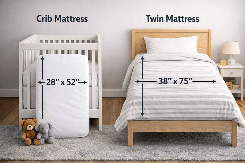 Crib mattress compared to twin mattress showing size difference side by side