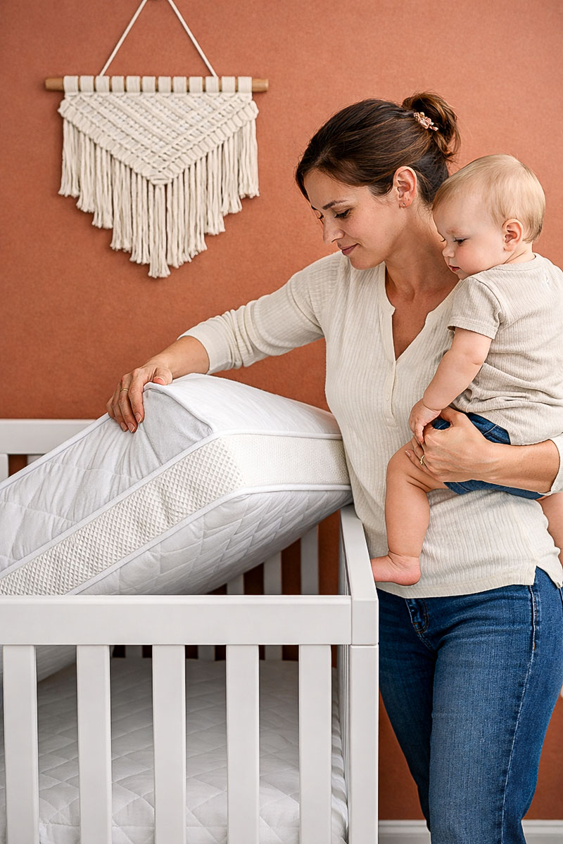 Standard crib mattress being lifted from a crib showing thickness and structure