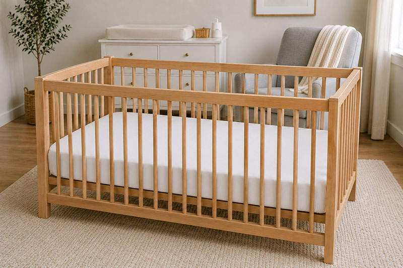Safe crib mattress setup with fitted sheet in a modern nursery