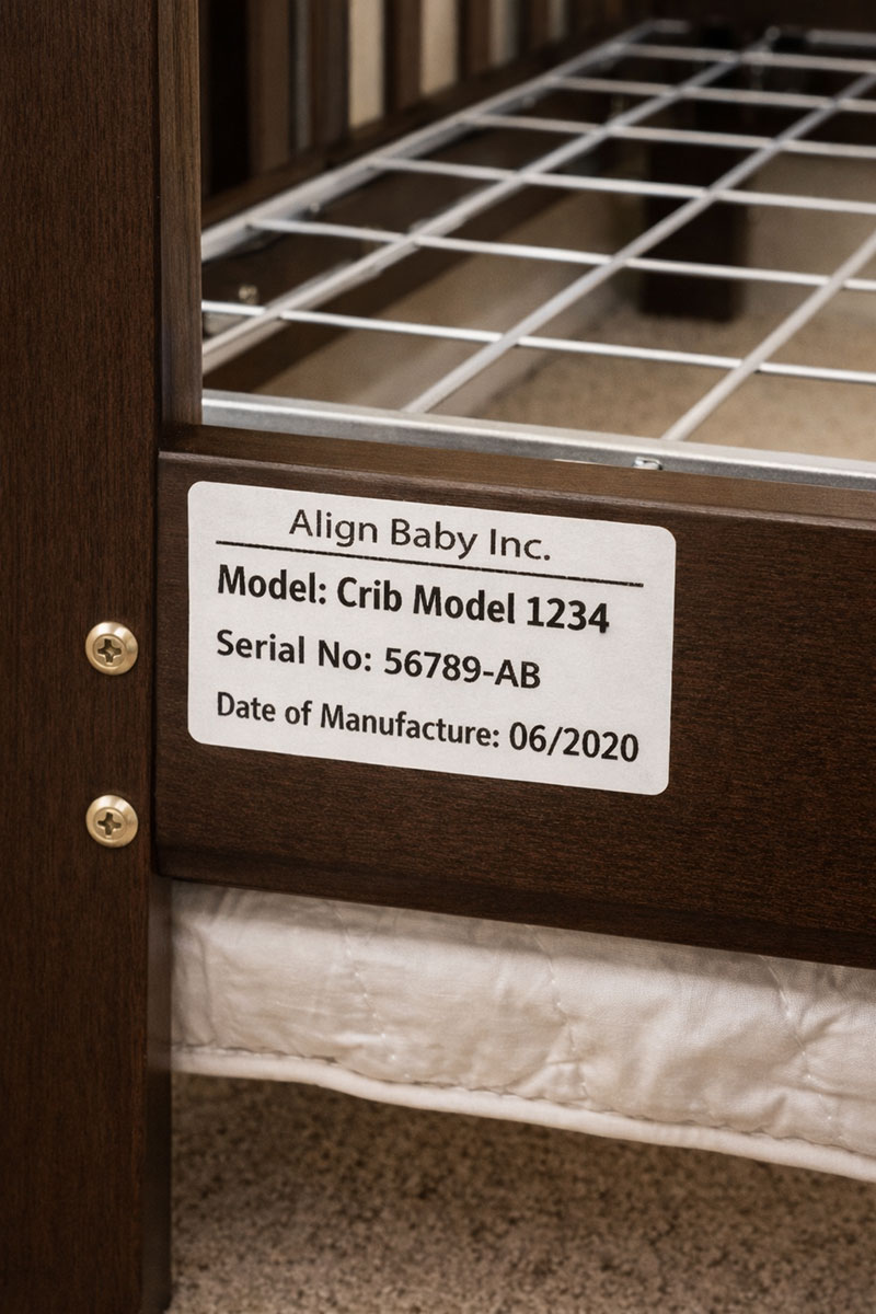 Crib model label example showing manufacturer name and model number used for crib parts identification