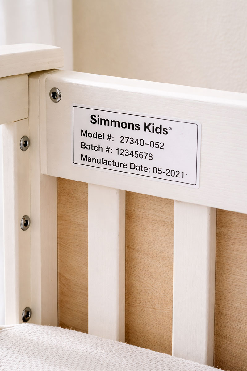 Close-up of baby crib model label located inside headboard showing manufacturer name, model number, and production date