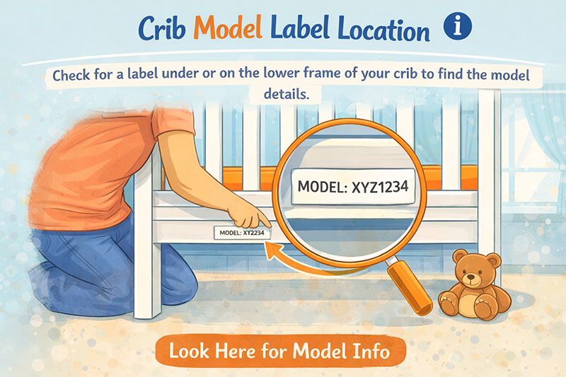 Crib model label area that helps identify crib type and reference materials