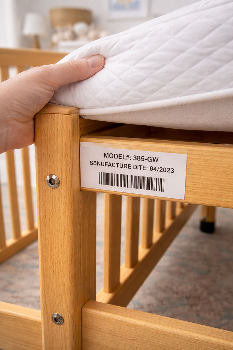 Close view of a crib model number label on the crib frame used for recall and manual lookup