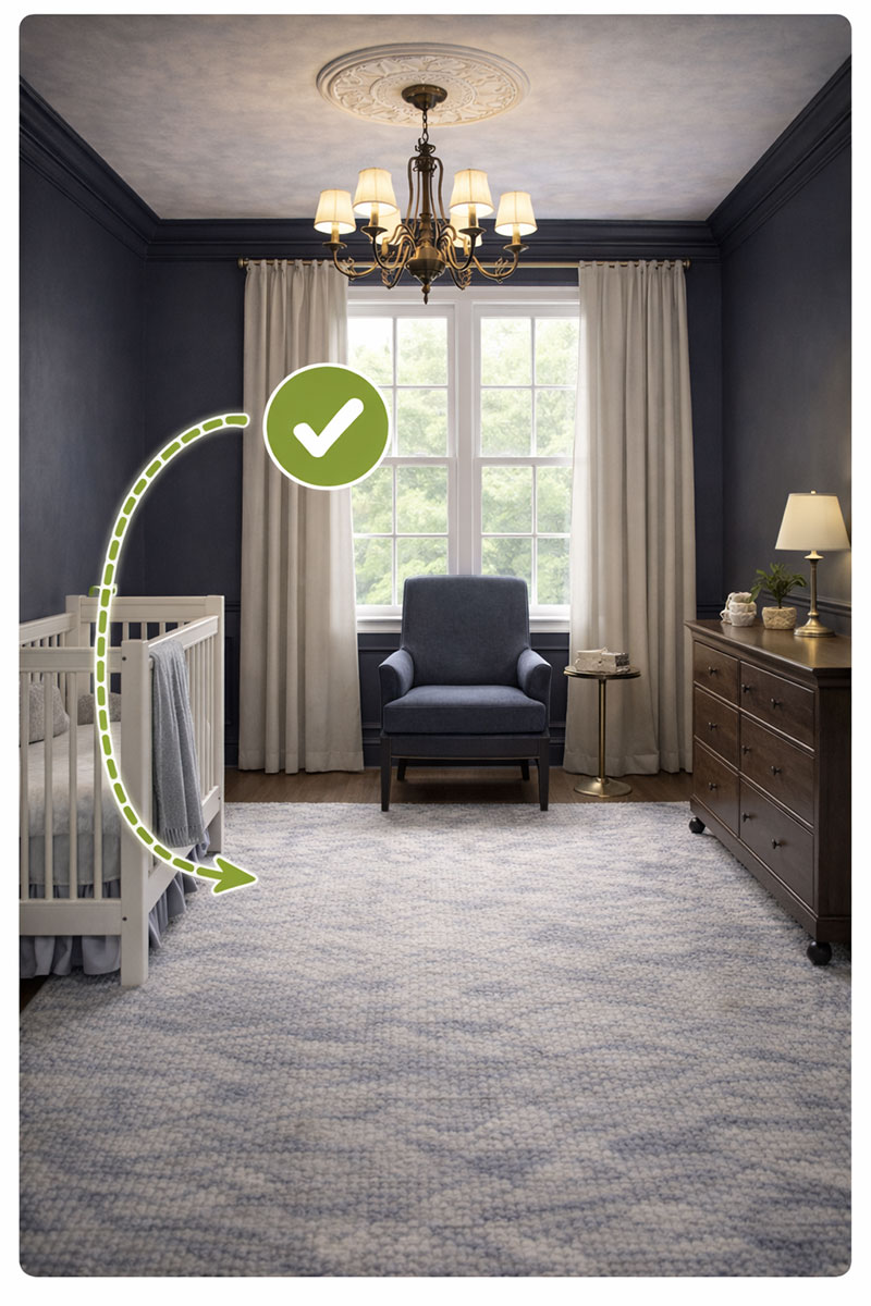 Crib placed on a solid wall away from windows and cords for safer nursery crib layout