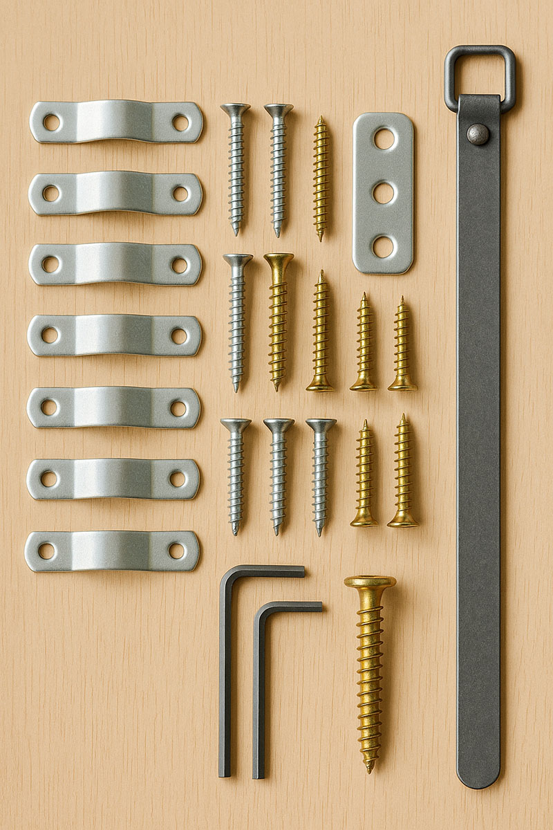 Crib parts and hardware reference photo showing common screws, brackets, and connector pieces used for crib model identification