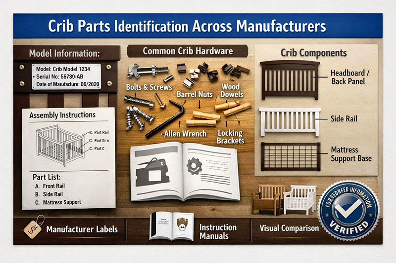 Crib parts identification reference showing common crib hardware pieces and model-based components across manufacturers