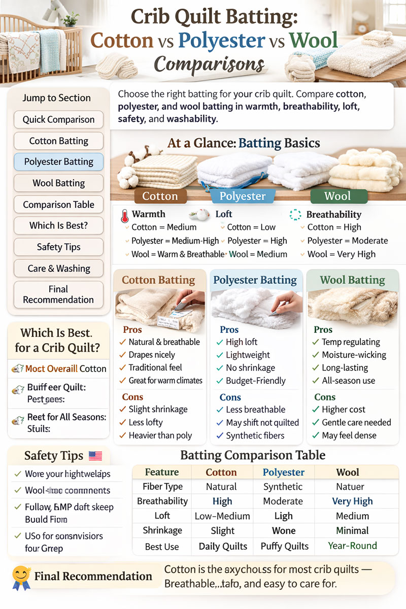 Crib quilt batting comparison chart showing cotton, polyester, and wool differences
