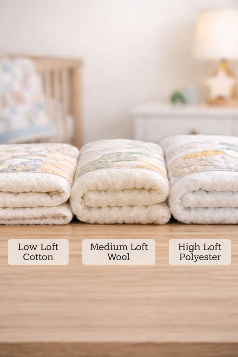 Comparison of quilt loft showing low, medium, and high batting thickness in a crib quilt