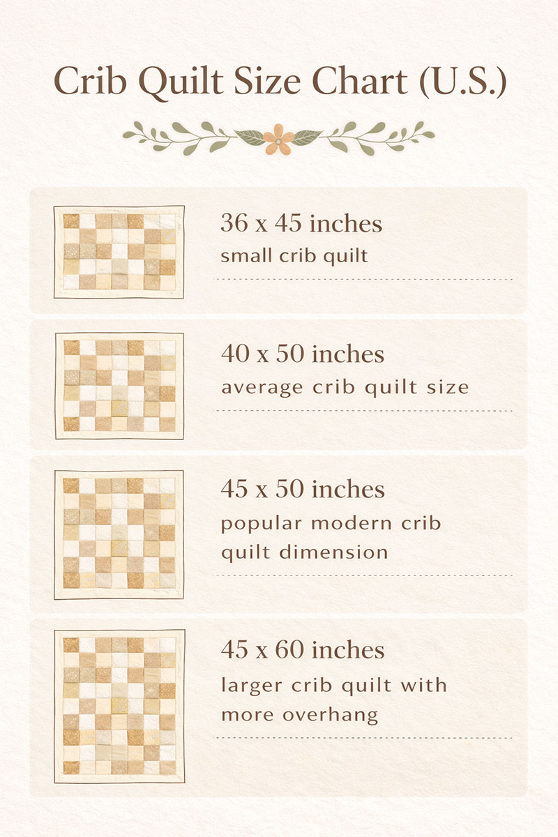 Crib quilt size chart showing standard crib quilt dimensions in inches
