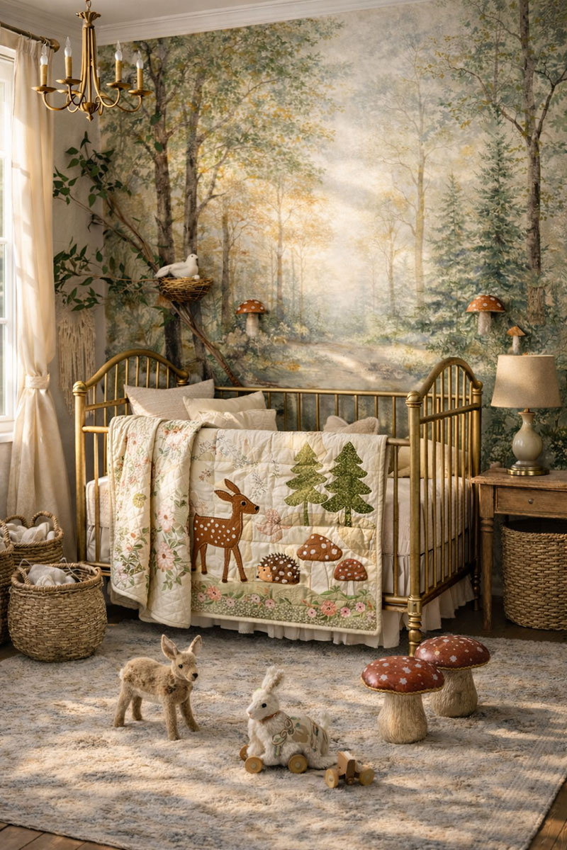 Crib quilt size (standard dimensions) shown with a soft woodland floral crib quilt in a nursery setting