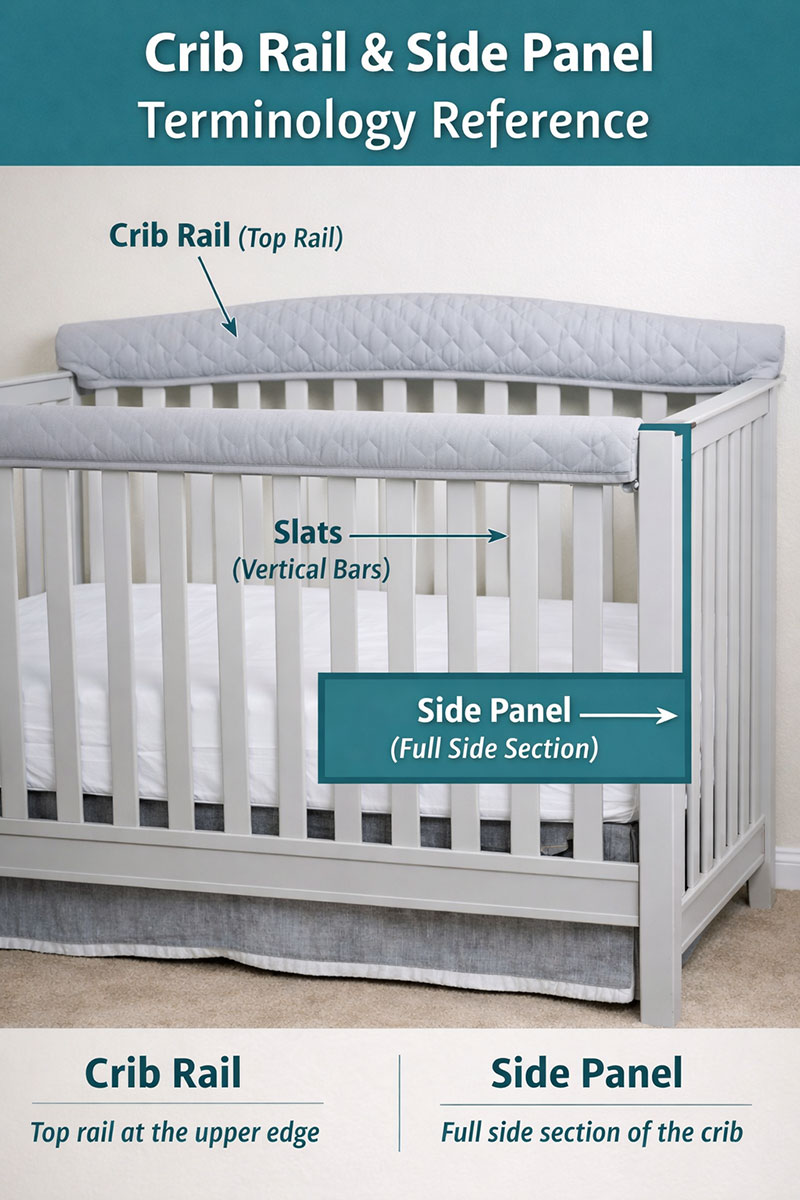 Baby crib rail and side panel terminology reference showing labeled crib rails, slats, and side panels
