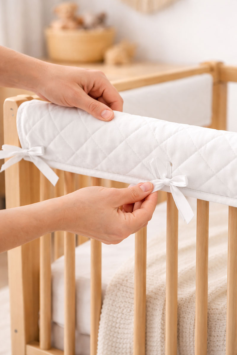 Hands adjusting a crib rail cover so it sits flat on the top rail without sagging