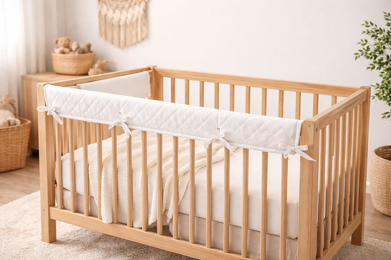 Crib rail covers shown on a wooden baby crib with a simple neutral nursery setup