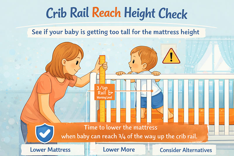 Parent checking crib rail height compared to baby reach as a timing cue for lowering a crib mattress