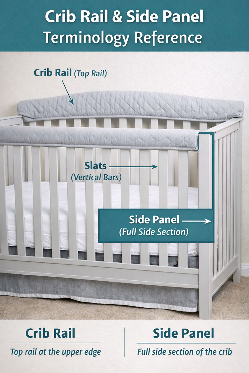 Baby crib showing the top rail and full side panel with labeled terminology reference