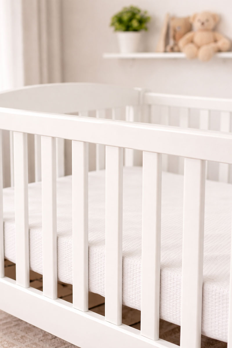 Close-up of a crib showing fixed rails that are part of the frame