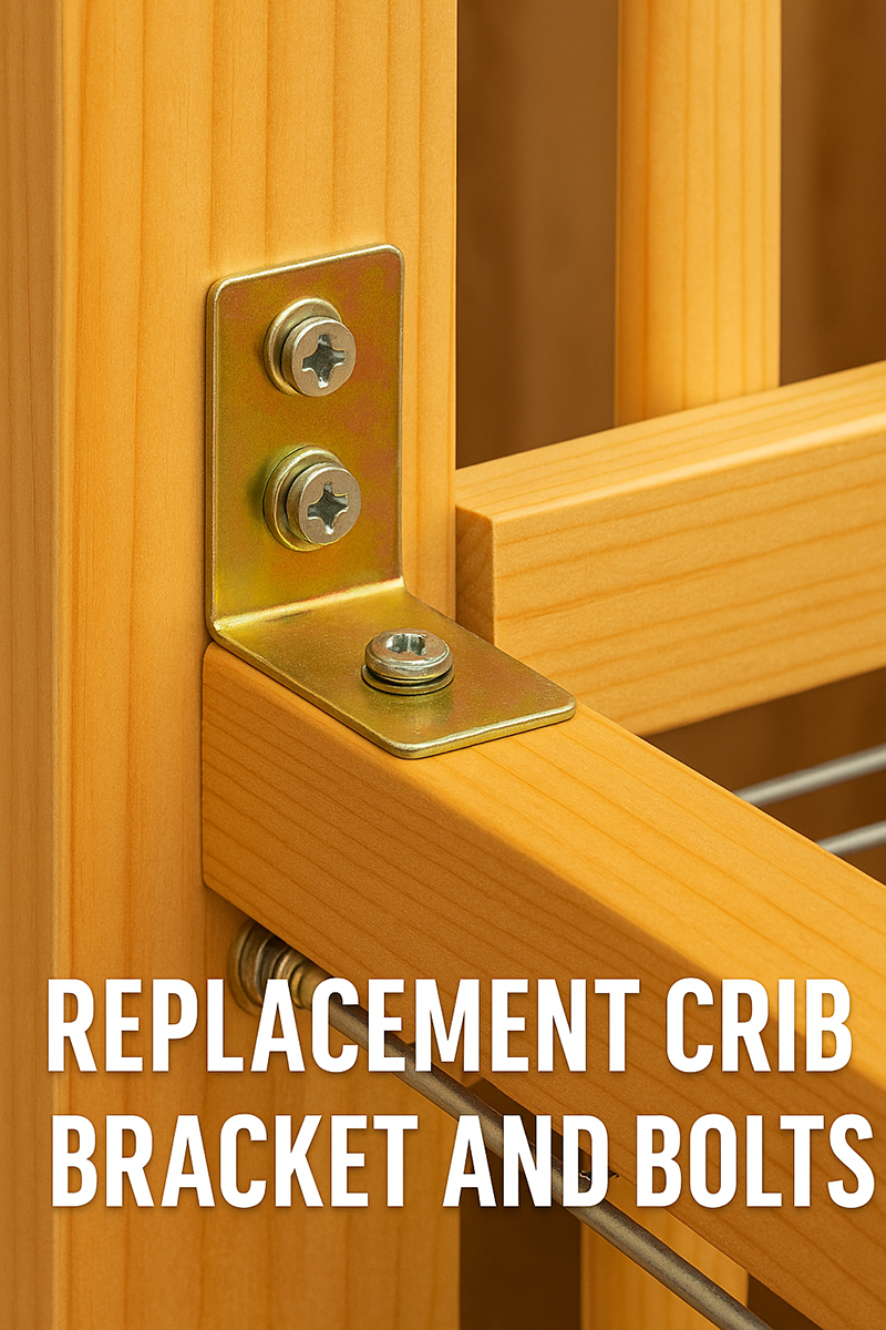 Replacement crib bracket and bolts installed on wooden crib frame