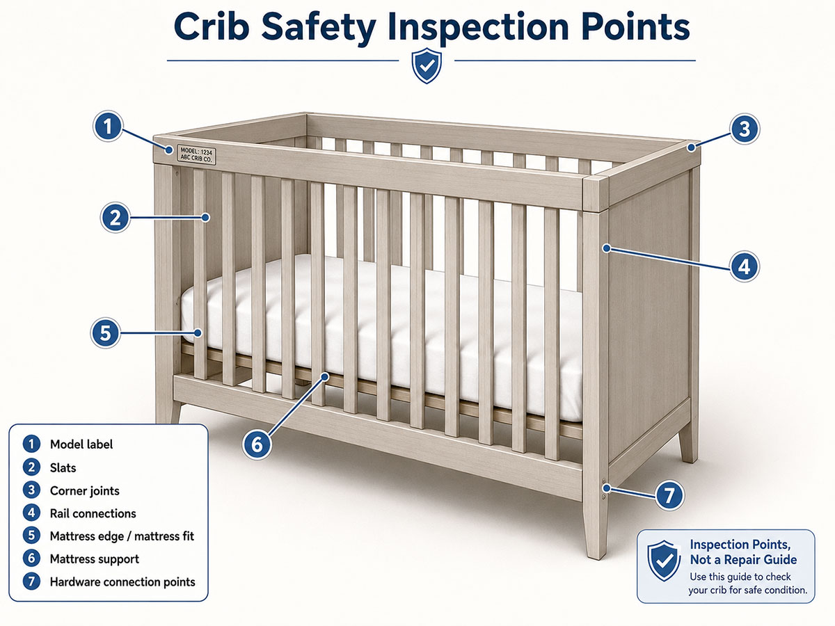 Labeled crib inspection diagram showing the model label, slats, mattress edges, hardware connections, corner joints, rails, and mattress support