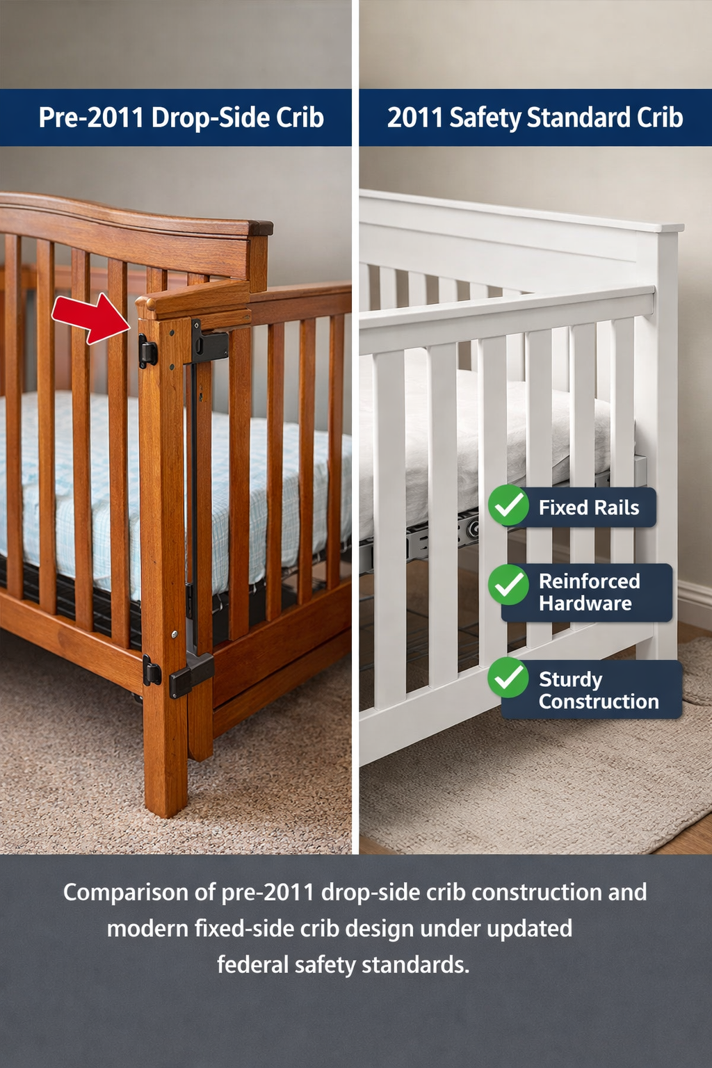 Side-by-side comparison of older drop-side crib design and modern fixed-side crib built under 2011 federal safety standards