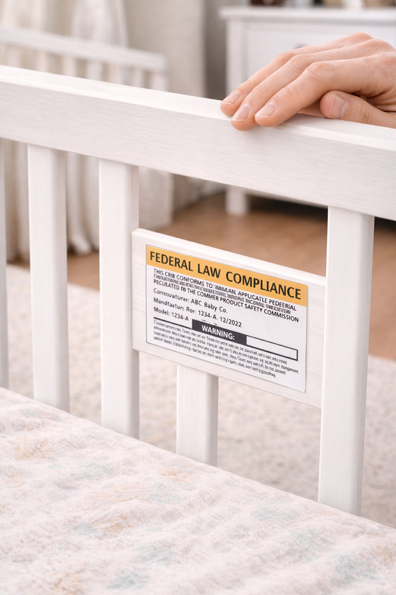 Modern baby crib showing proper slat spacing and sturdy mattress support that meets current crib safety standards in the United States