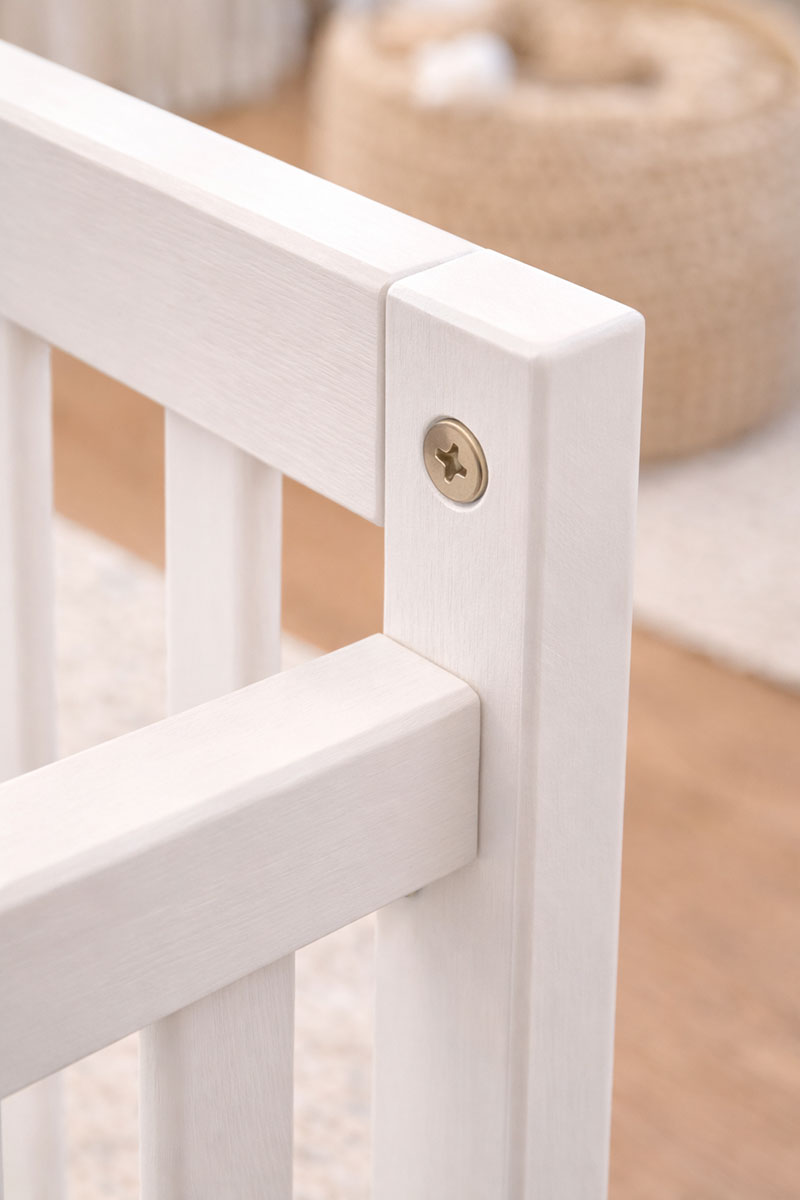 Crib corner joint showing tight hardware and stable frame connection
