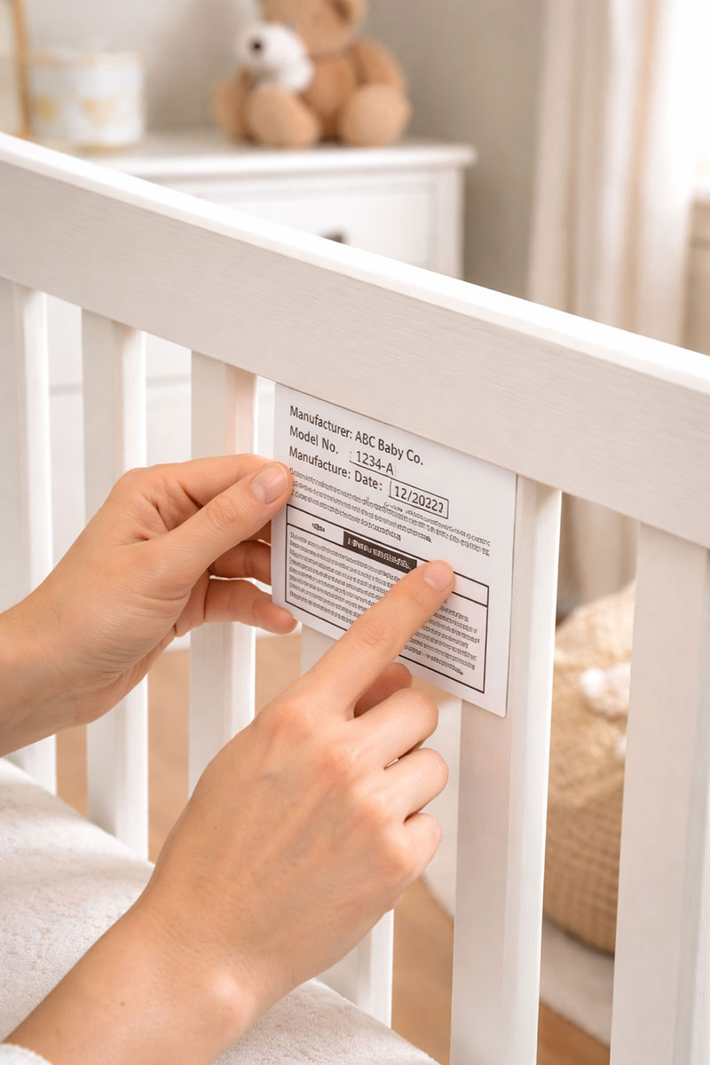 Parent checking the crib compliance label for model information and safety standards