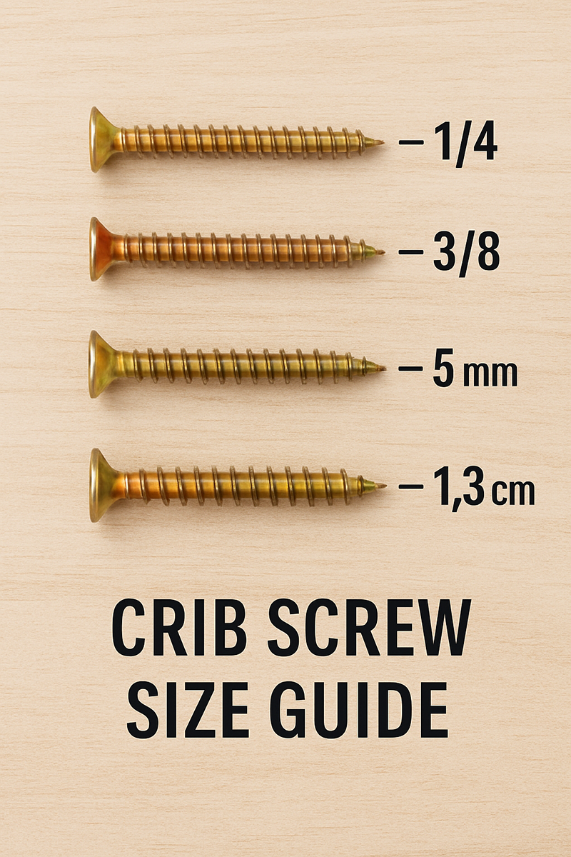 Crib screw size guide showing common lengths, diameters and head styles used in popular baby crib models