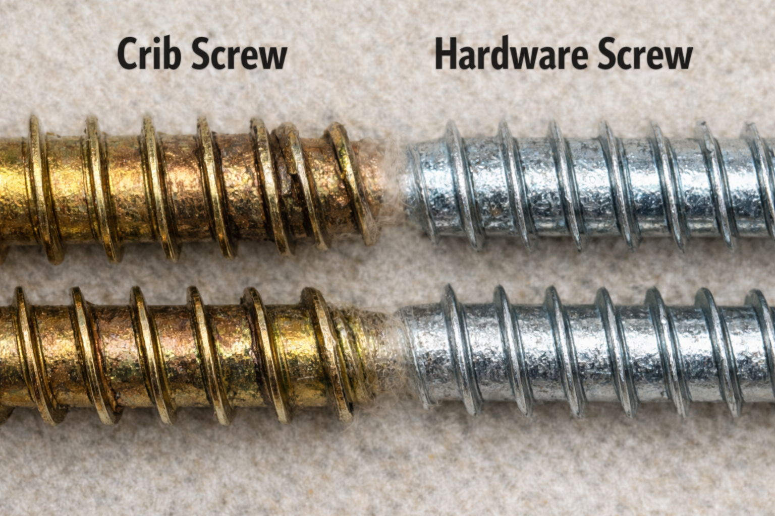 Close-up comparison of crib screw threads and standard hardware screw threads showing different spacing and thickness