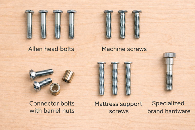 Crib screws and crib hardware pieces laid out for identification
