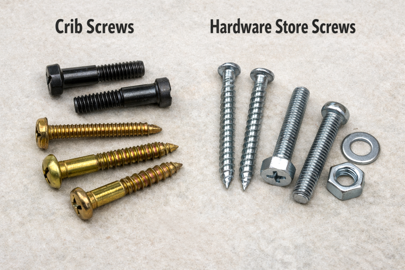 Comparison of crib screws and standard hardware store screws showing differences in length, threading, and head type
