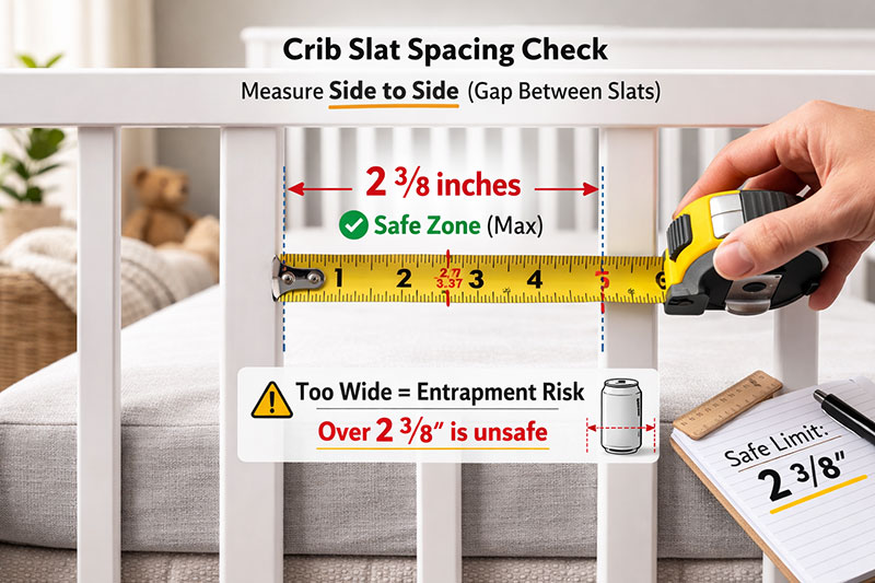 Close view of crib rail slats showing consistent spacing and secure fasteners