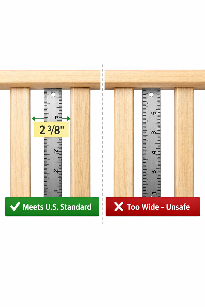 Crib slat spacing measurement diagram showing 2 3/8 inch safe gap versus unsafe wider spacing