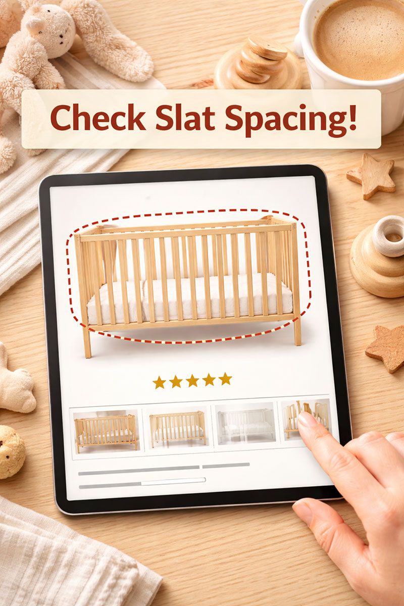 Crib shopping scene emphasizing careful review of slat spacing