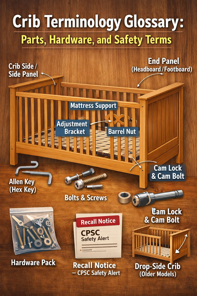 Crib terminology glossary with labeled baby crib parts and hardware terms