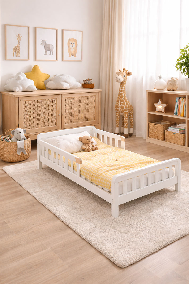 Child bedroom prepared for crib to toddler bed transition with anchored furniture and low bed
