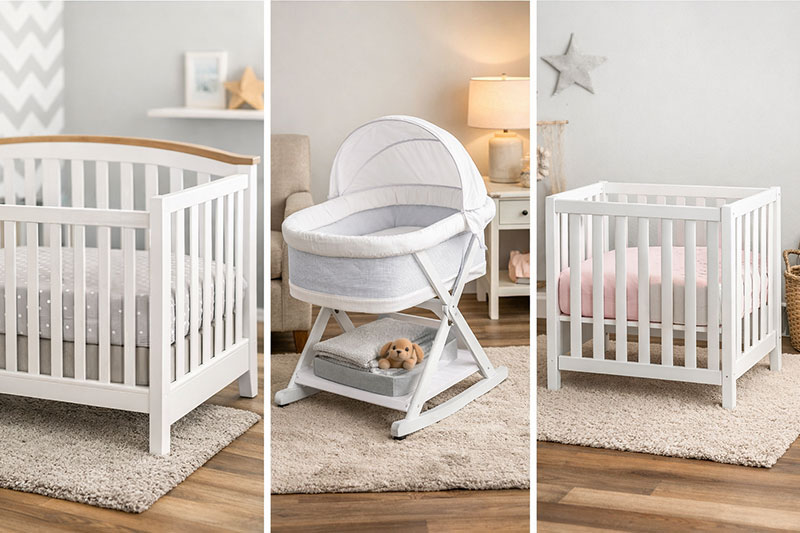 Comparison of a standard crib, bassinet, and mini crib in a home setting